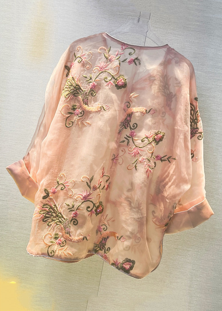 Pink Chinese Button Patchwork Tulle Shirt V Neck Long Sleeve