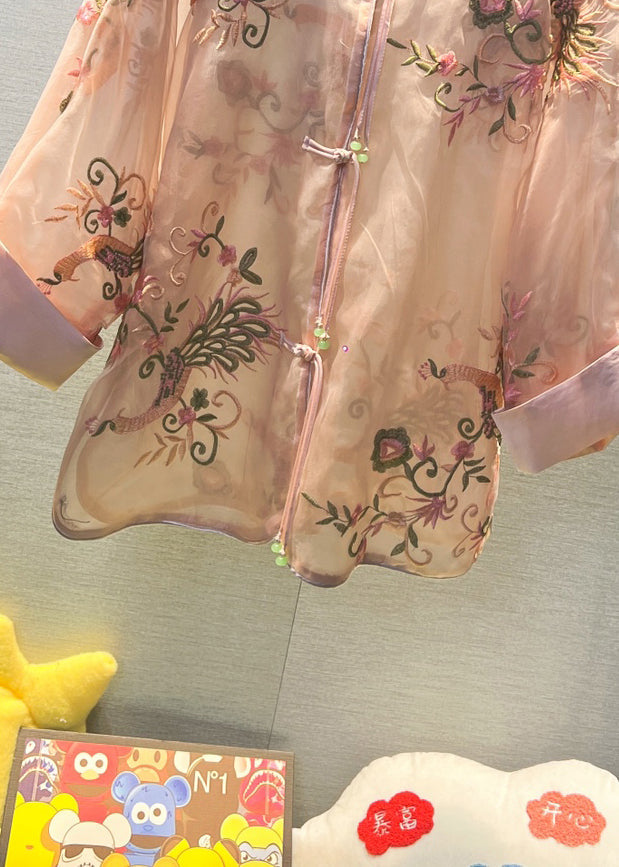 Pink Chinese Button Patchwork Tulle Shirt V Neck Long Sleeve