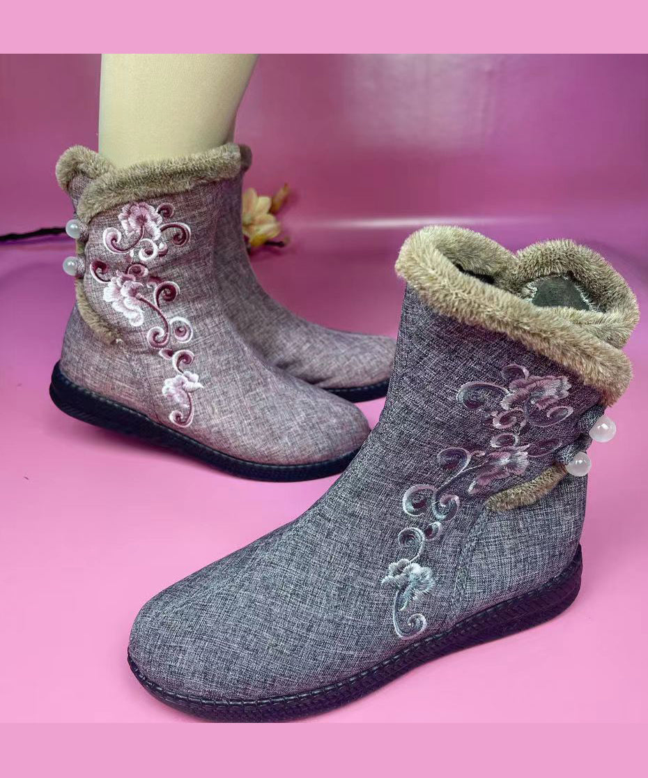 Pink Cotton Fabric Embroidery Splicing Fuzzy Wool Lined Boots