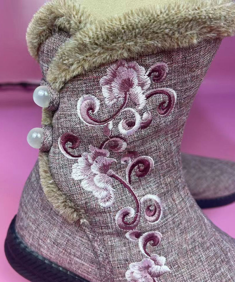 Pink Cotton Fabric Embroidery Splicing Fuzzy Wool Lined Boots