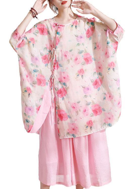 Pink Cute Print Asymmetrical Design Summer Half Sleeve Top - Omychic