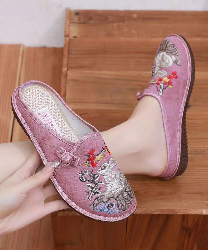 Pink Embroidery Retro Splicing Slide Sandals