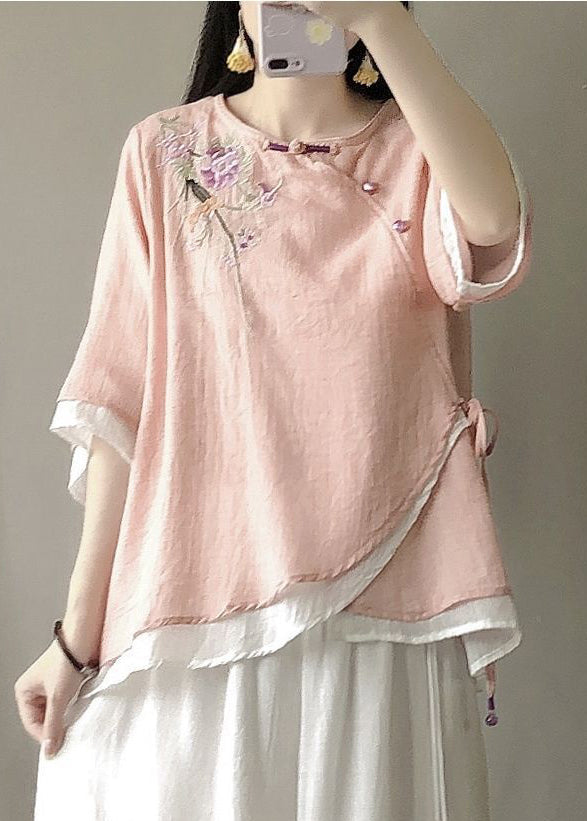 Pink Fake Two Piece Linen Blouses Embroideried Chinese Button Summer