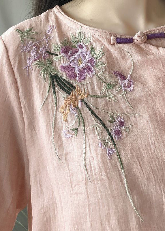 Pink Fake Two Piece Linen Blouses Embroideried Chinese Button Summer