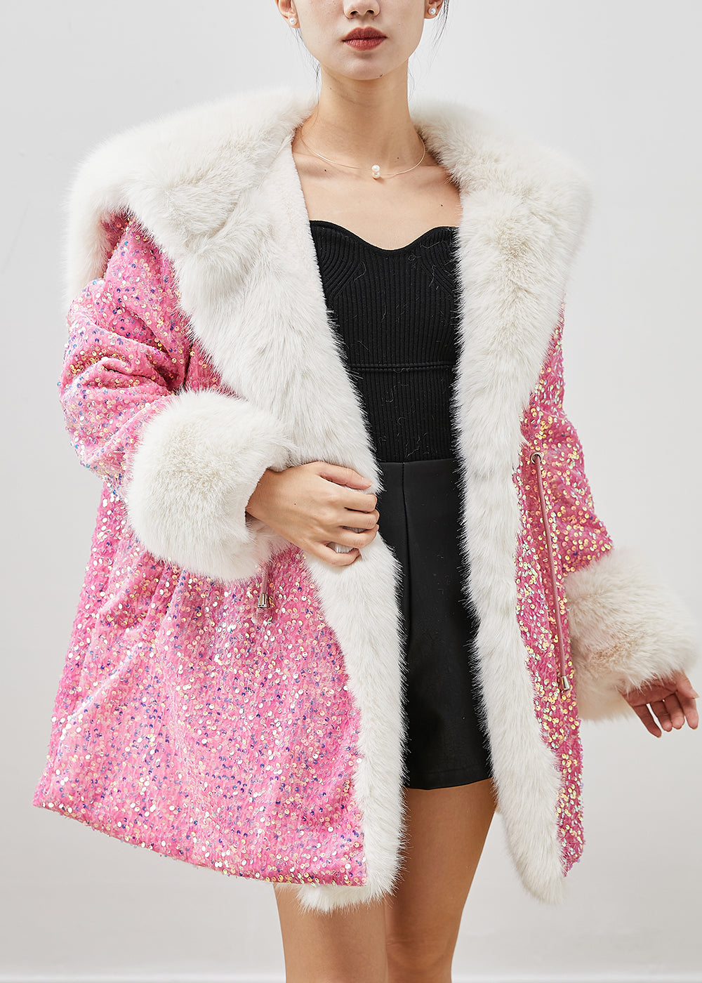Pink Faux Fur Velour Hoodie Coat Outwear Sequins Drawstring Winter