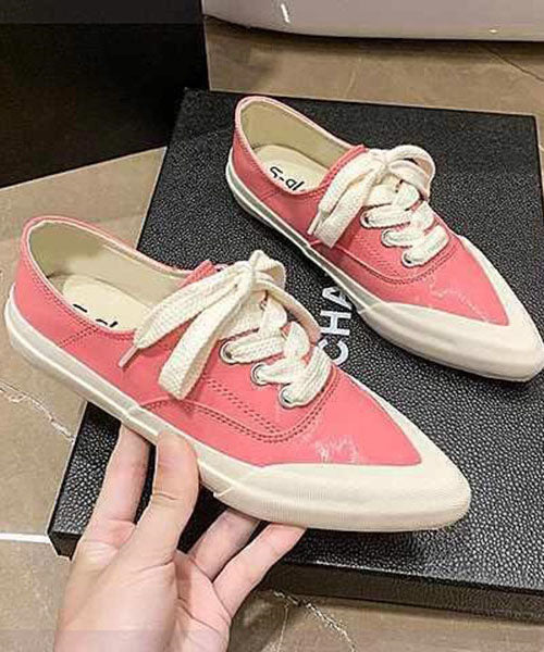 Pink Faux Leather Flat Shoes For Women Lace Up Splicing Pointed Toe