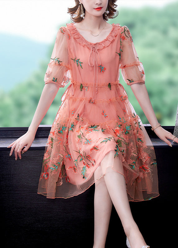 Pink Hollow Out Chiffon Holiday Dress Lace Up Embroidered Summer
