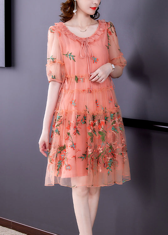 Pink Hollow Out Chiffon Holiday Dress Lace Up Embroidered Summer