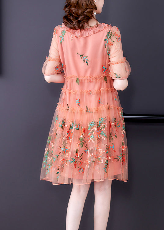 Pink Hollow Out Chiffon Holiday Dress Lace Up Embroidered Summer