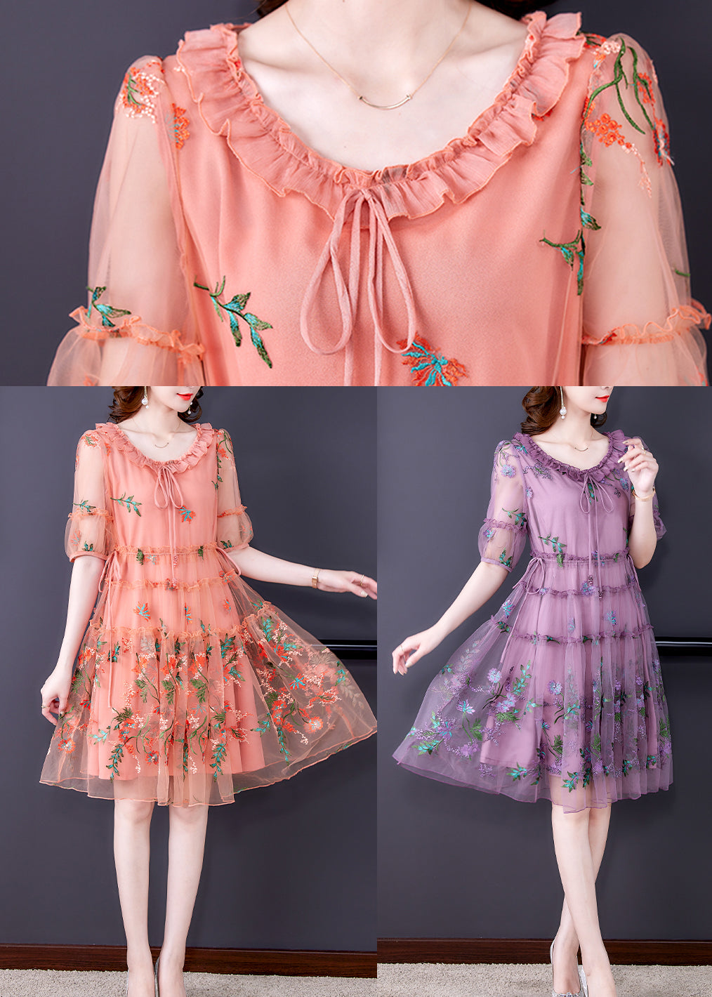 Pink Hollow Out Chiffon Holiday Dress Lace Up Embroideried Summer