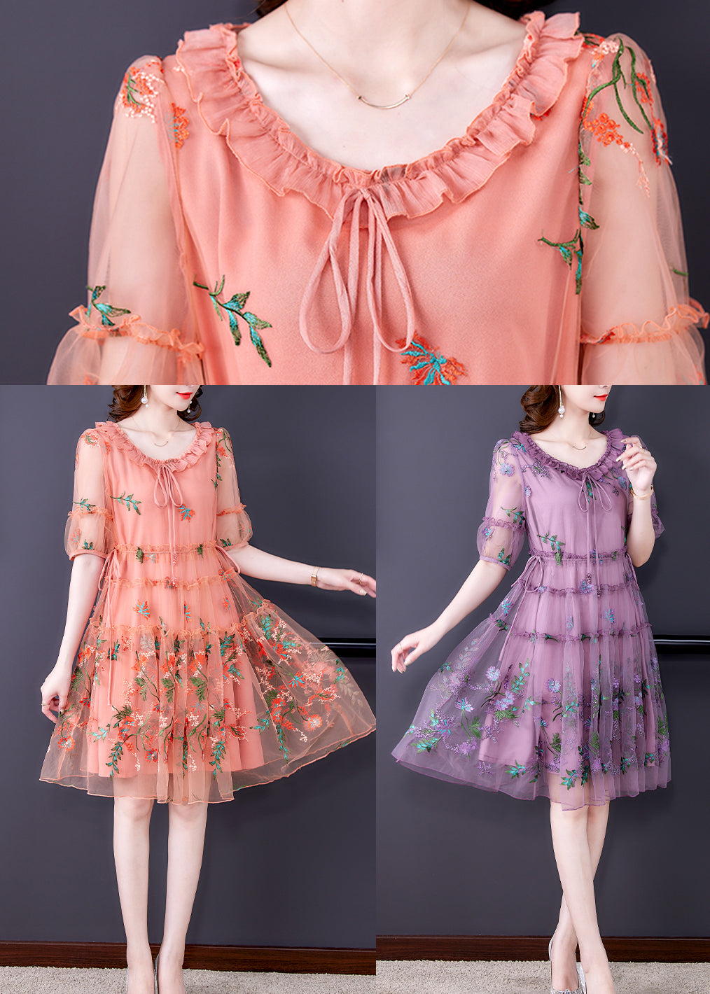 Pink Hollow Out Chiffon Holiday Dress Lace Up Embroidered Summer