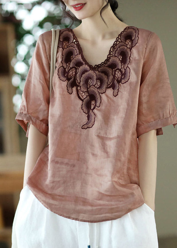 Pink Hollow Out Patchwork Top Short Sleeve