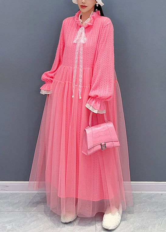 Pink Lace Up Patchwork Lace Long Dresses Spring