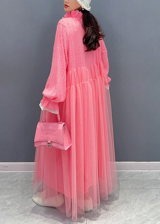 Pink Lace Up Patchwork Lace Long Dresses Spring