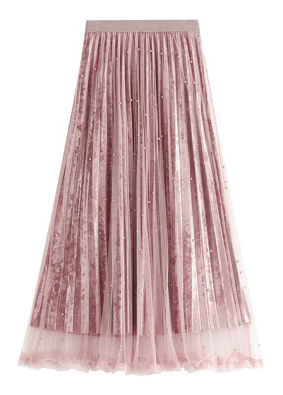 Pink Nail Bead High Waist Silk Velour Skirts