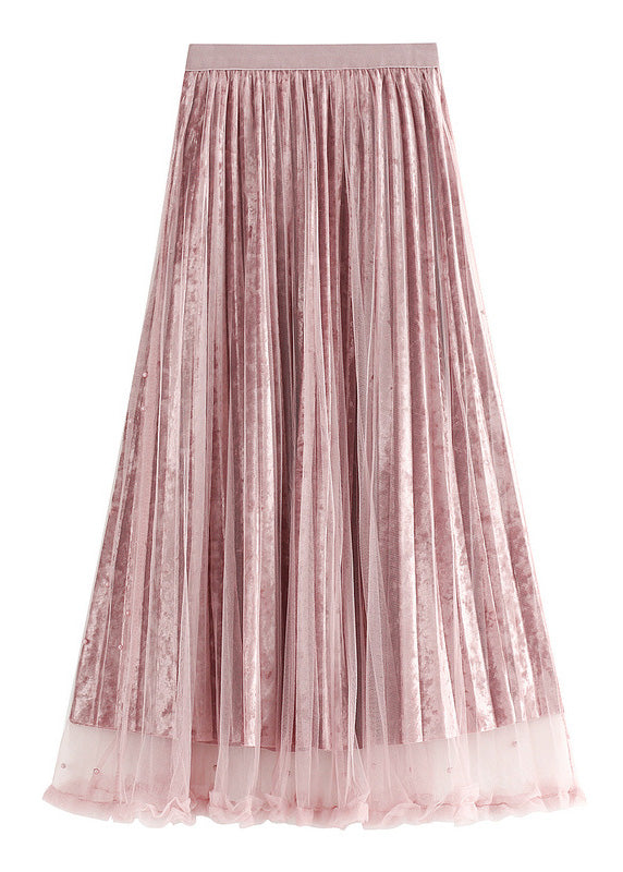 Pink Nail Bead High Waist Silk Velour Skirts