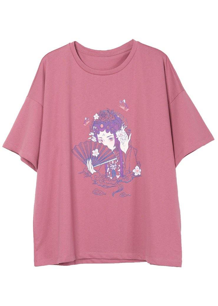 Pink O-Neck Print Summer Casual Tee Half Sleeve - Omychic