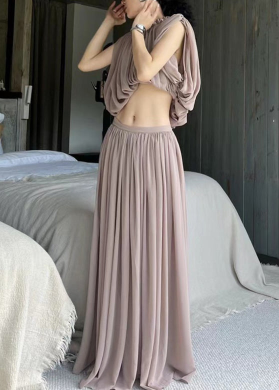 Pink O-Neck Wrinkled Chiffon Top And Maxi Skirts Two Pieces Set Summer