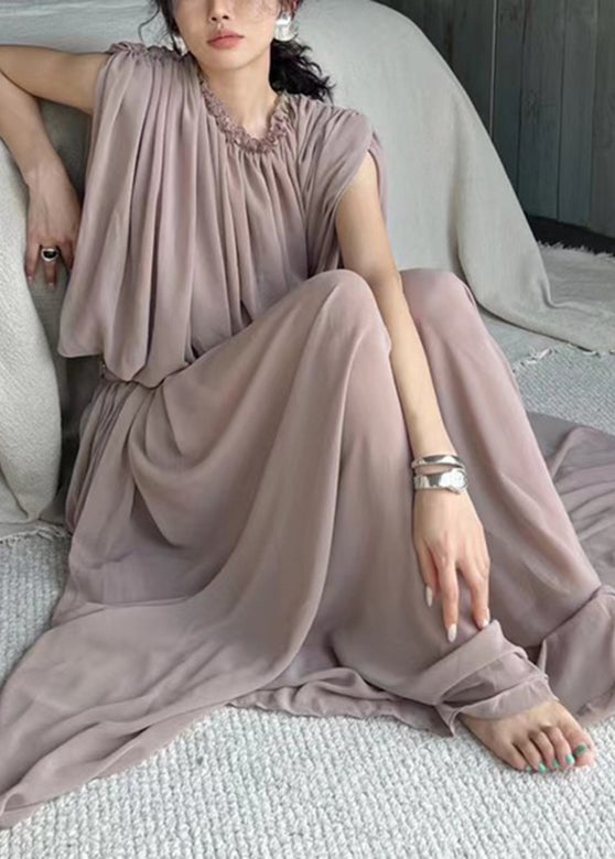 Pink O-Neck Wrinkled Chiffon Top And Maxi Skirts Two Pieces Set Summer