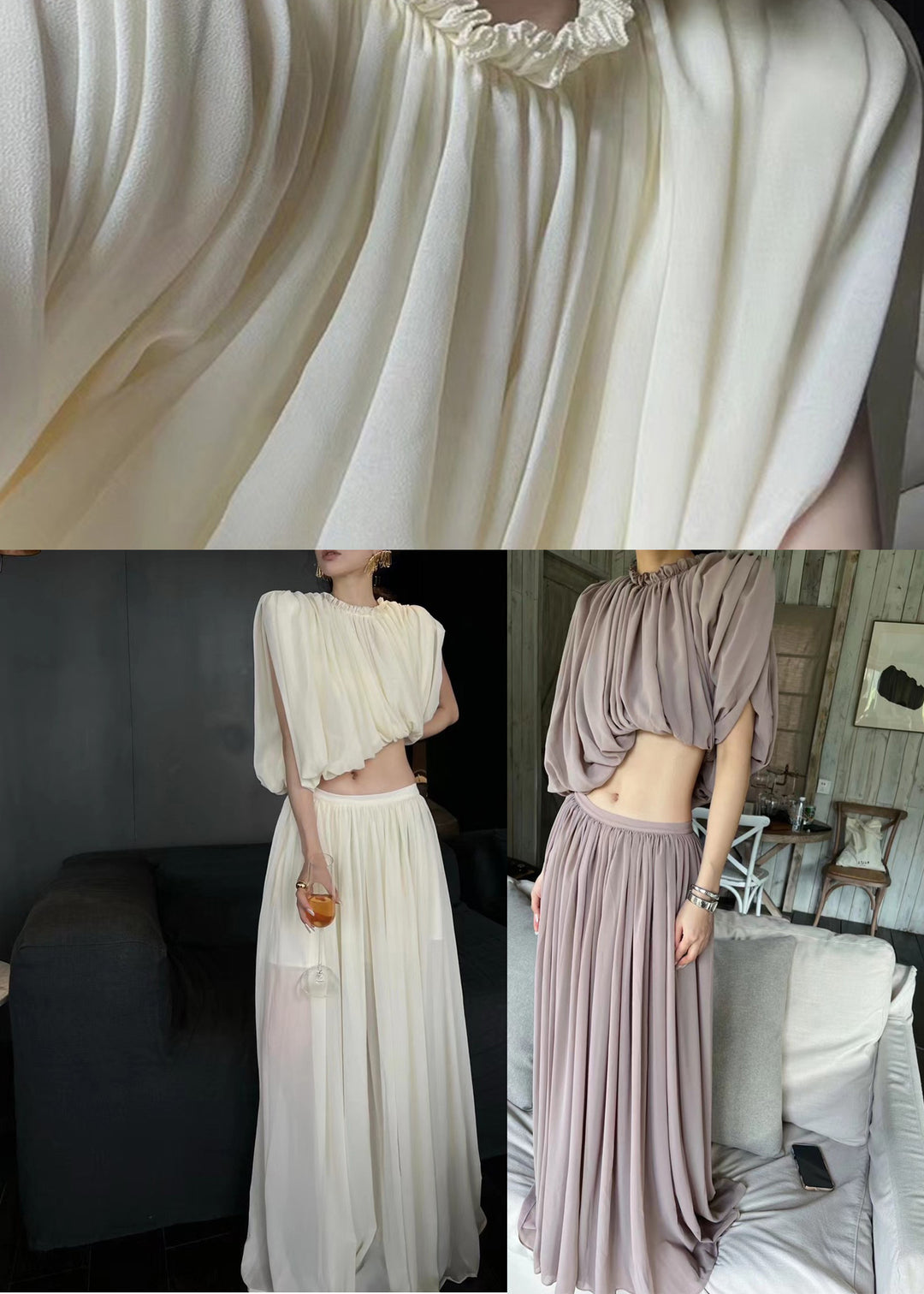 Pink O-Neck Wrinkled Chiffon Top And Maxi Skirts Two Pieces Set Summer