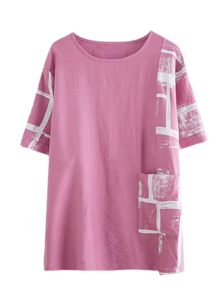 Pink Patchwork Cotton Tank Pocket Short Sleeve