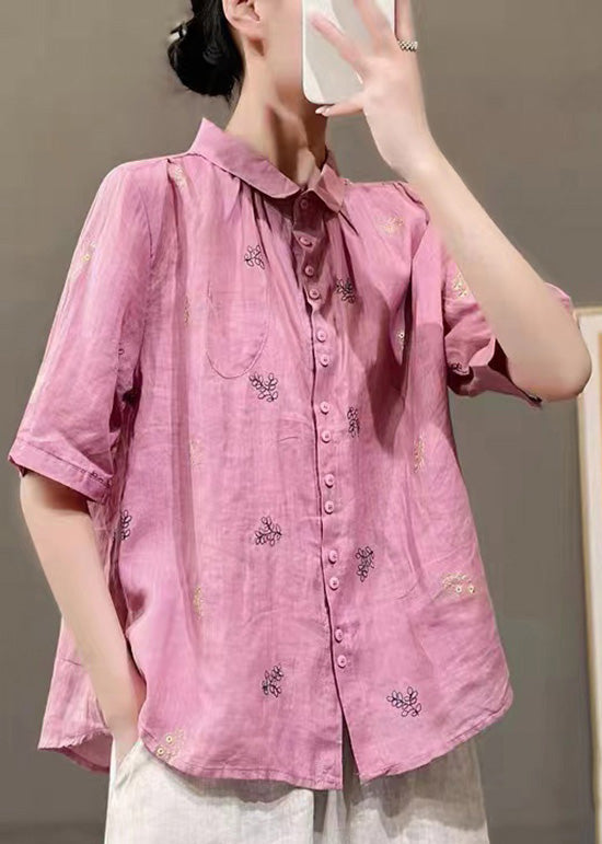 Pink Patchwork Cotton Tops Embroideried Button Peter Pan Collar Half Sleeve