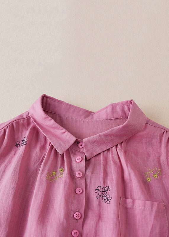 Pink Patchwork Cotton Tops Embroideried Button Peter Pan Collar Half Sleeve