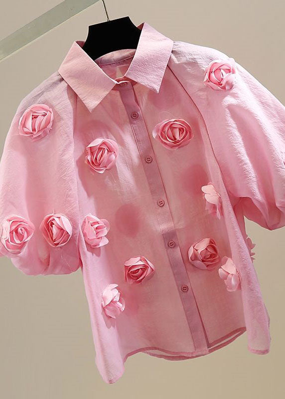 Pink Patchwork Tulle Blouses Peter Pan Collar Floral Decorated Summer