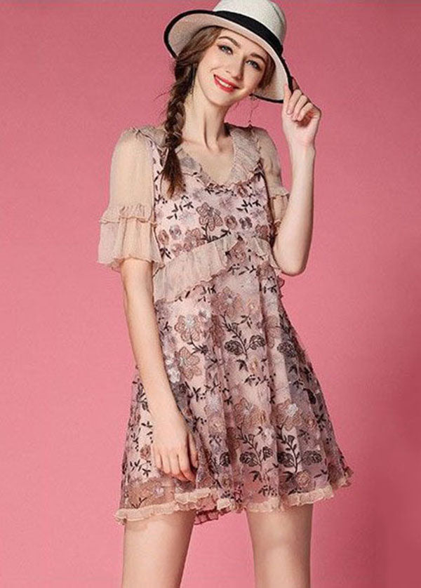 Pink Patchwork Tulle Mini Dress V Neck Ruffled Embroideried Short Sleeve