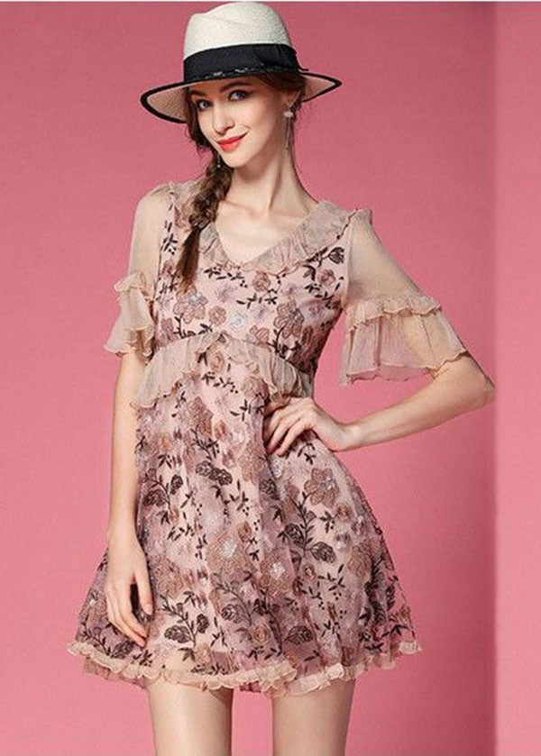 Pink Patchwork Tulle Mini Dress V Neck Ruffled Embroideried Short Sleeve