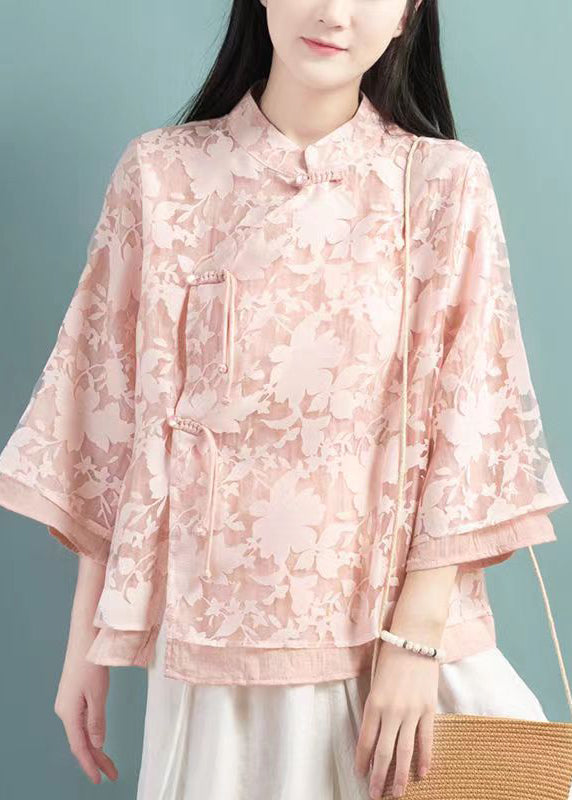 Pink Patchwork Tulle Shirt Tops Stand Collar Chinese Button Fall