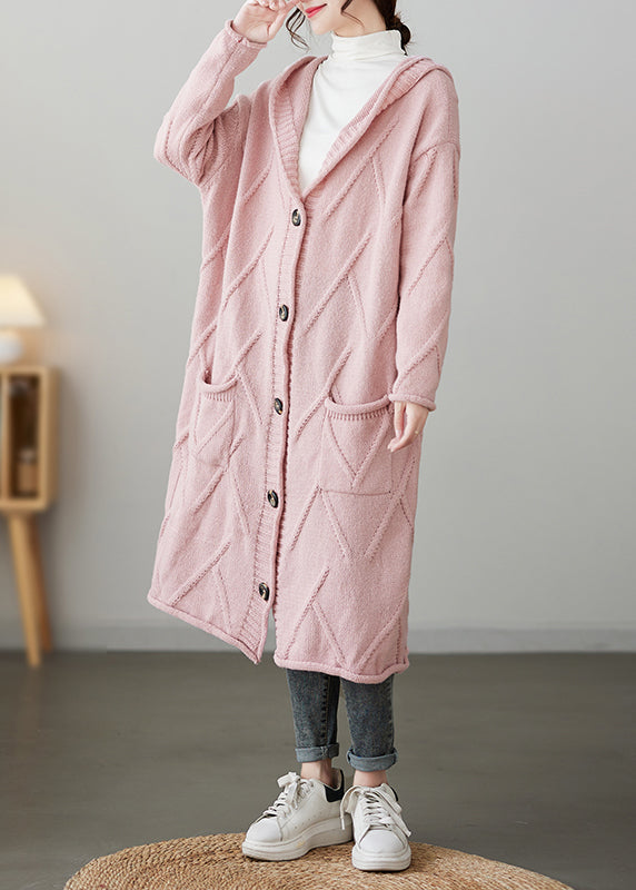 Pink Pockets Button Patchwork Loose Knit Cardigan Hooded Fall