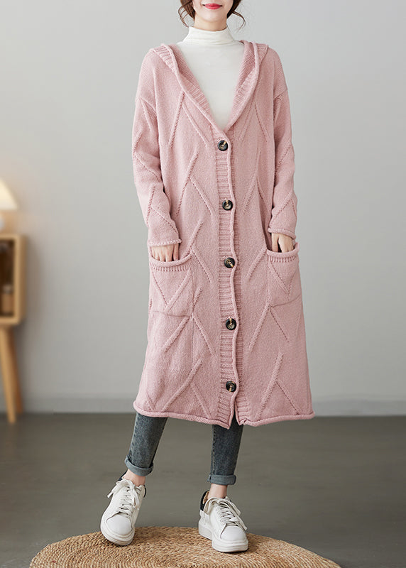 Pink Pockets Button Patchwork Loose Knit Cardigan Hooded Fall