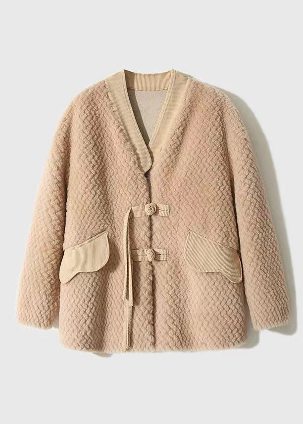 Pink Pockets Patchwork Wool Jackets Tasseled Button Winter