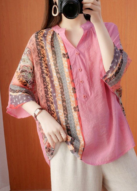 Pink Print Cotton Loose Top V Neck Batwing Sleeve