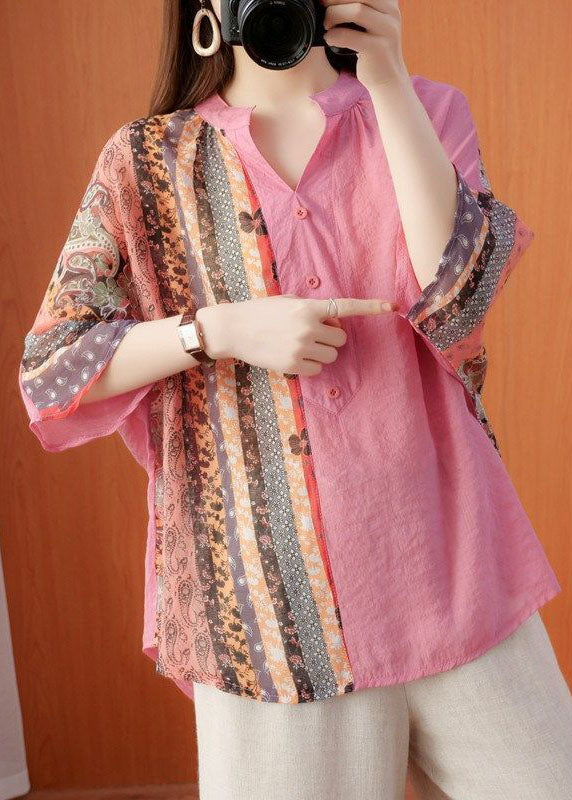 Pink Print Cotton Loose Top V Neck Batwing Sleeve