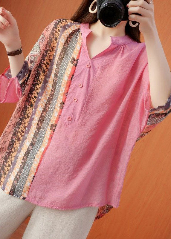 Pink Print Cotton Loose Top V Neck Batwing Sleeve