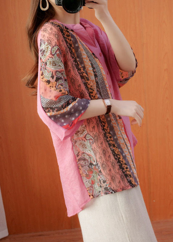 Pink Print Cotton Loose Top V Neck Batwing Sleeve