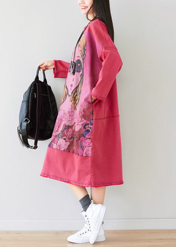 Pink Print Patchwork Cotton Maxi Dresses O Neck Spring