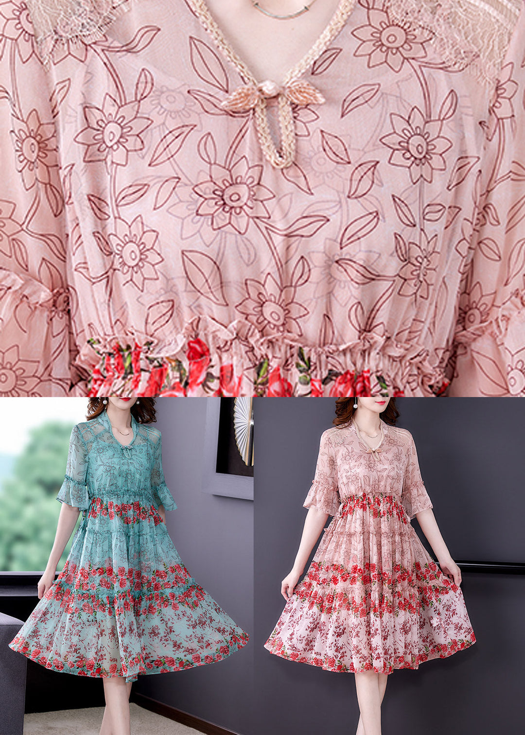 Pink Ruffled Chiffon Long Dress Short Sleeve