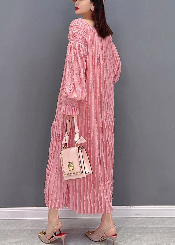 Pink Sexy Long Dresses Slash neck wrinkled Long Sleeve