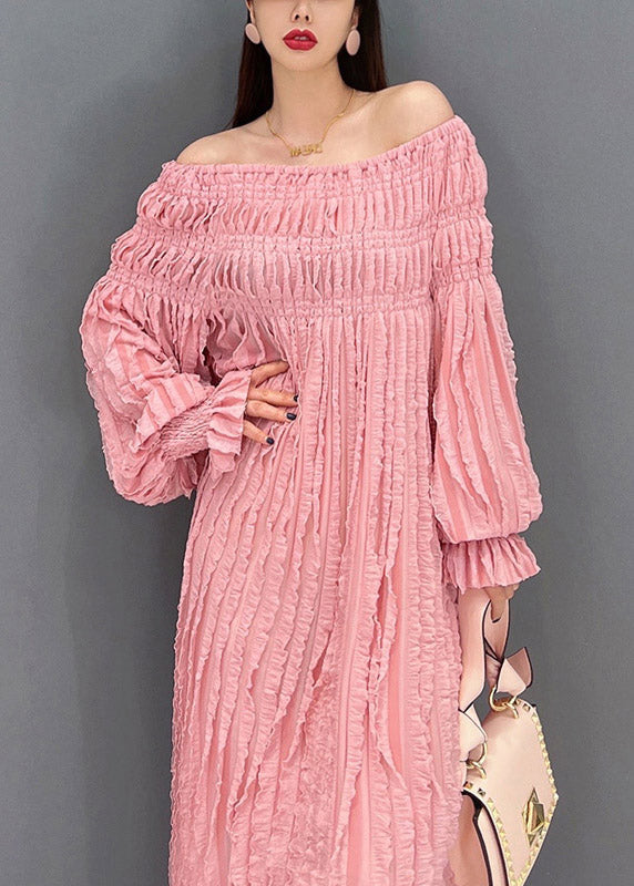 Pink Sexy Long Dresses Slash neck wrinkled Long Sleeve