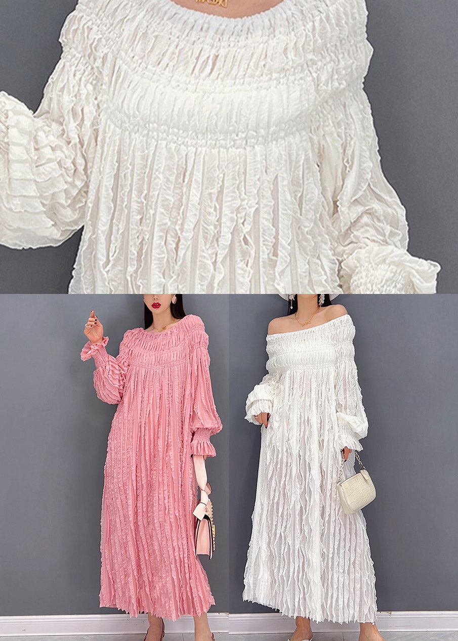 Pink Sexy Long Dresses Slash neck wrinkled Long Sleeve