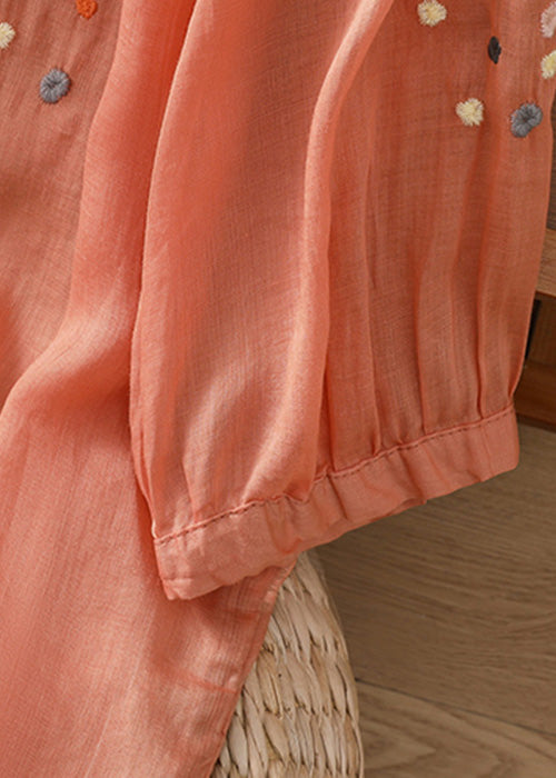Pink Side Open Patchwork Linen Top O Neck Half Sleeve