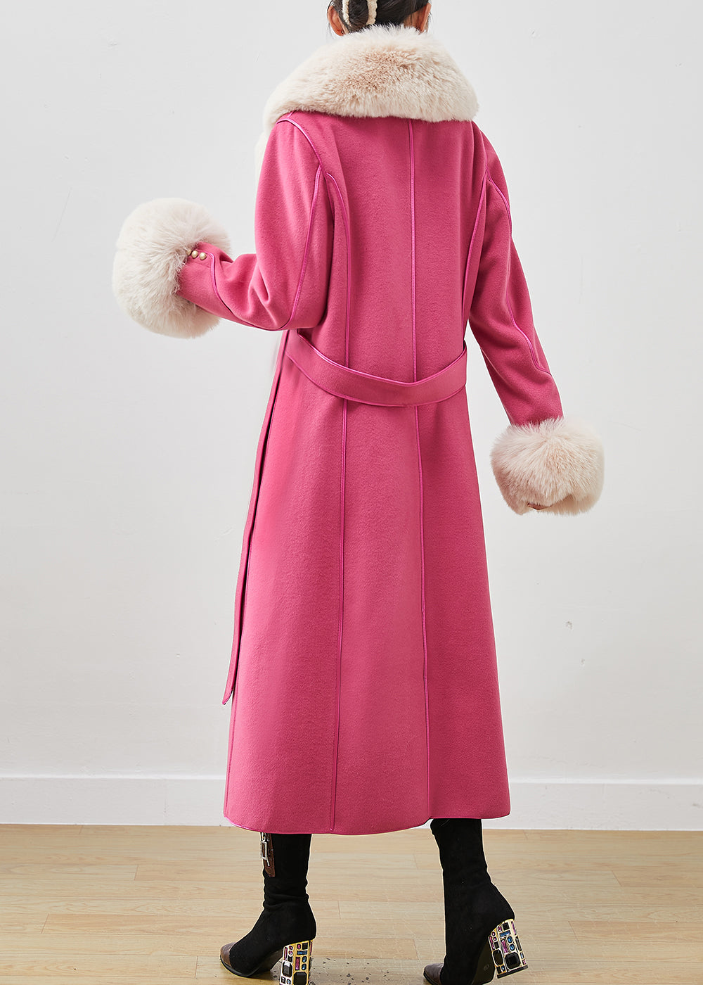 Pink Silm Fit Woolen Coat Outwear Fur Collar Tie Waist  Fall