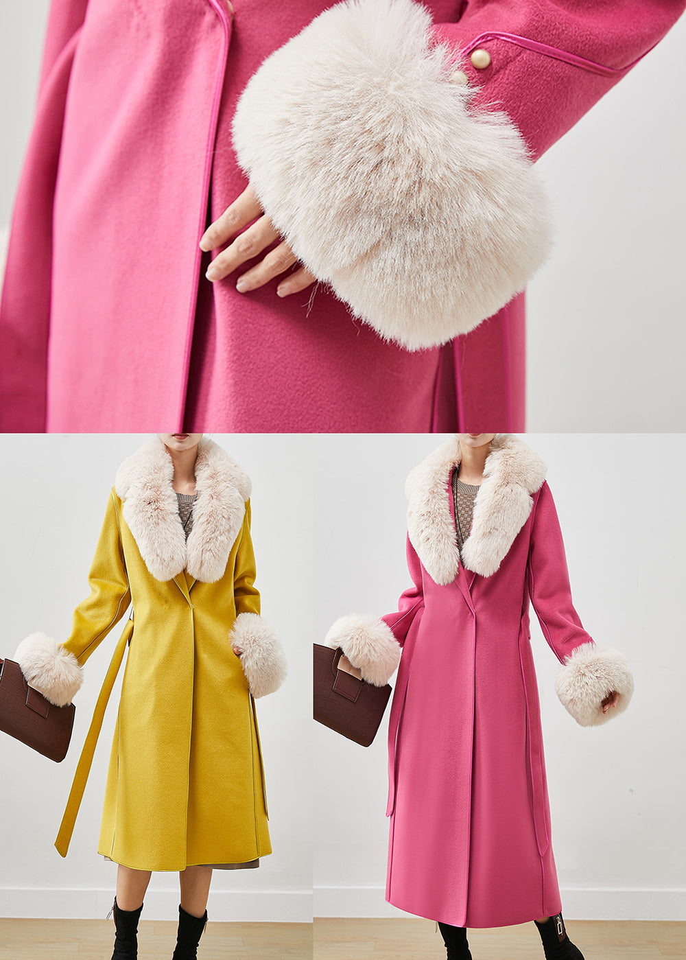 Pink Silm Fit Woolen Coat Outwear Fur Collar Tie Waist  Fall