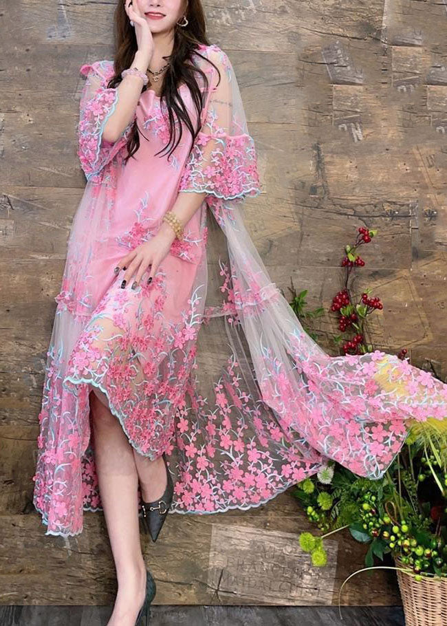 Pink Tulle Cardigans Spaghetti Strap Two Pieces Set Embroideried Summer