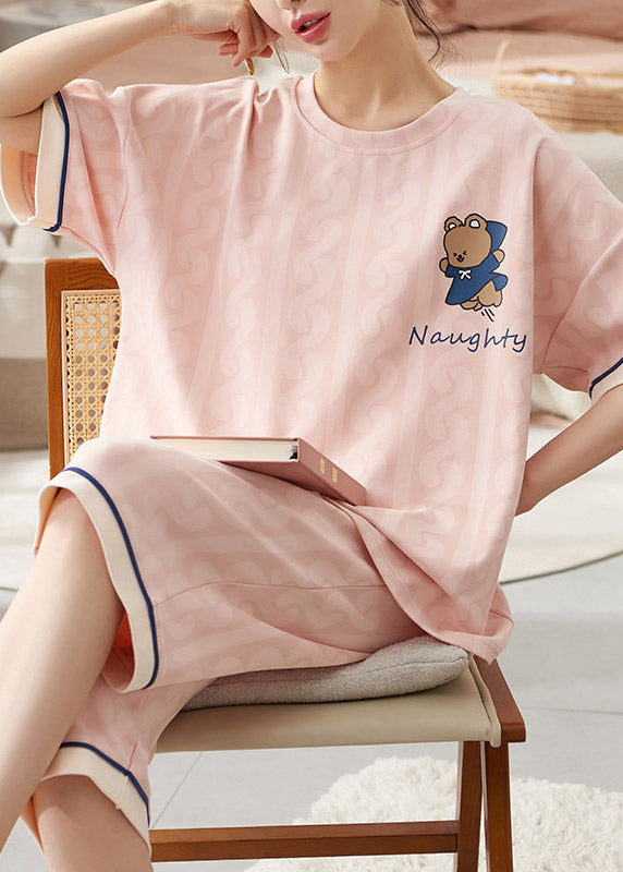 Pink V Neck Animal Print Cotton Pajamas Two Piece Set Short Sleeve