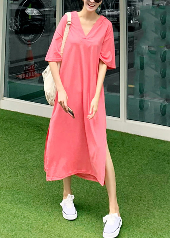 Pink V Neck Side Open Cotton Hooded Long Dresses Short Sleeve