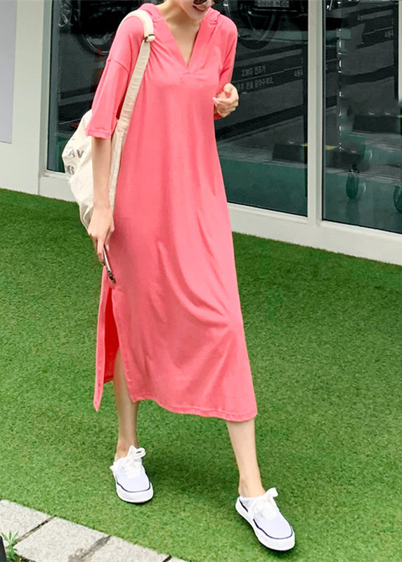 Pink V Neck Side Open Cotton Hooded Long Dresses Short Sleeve